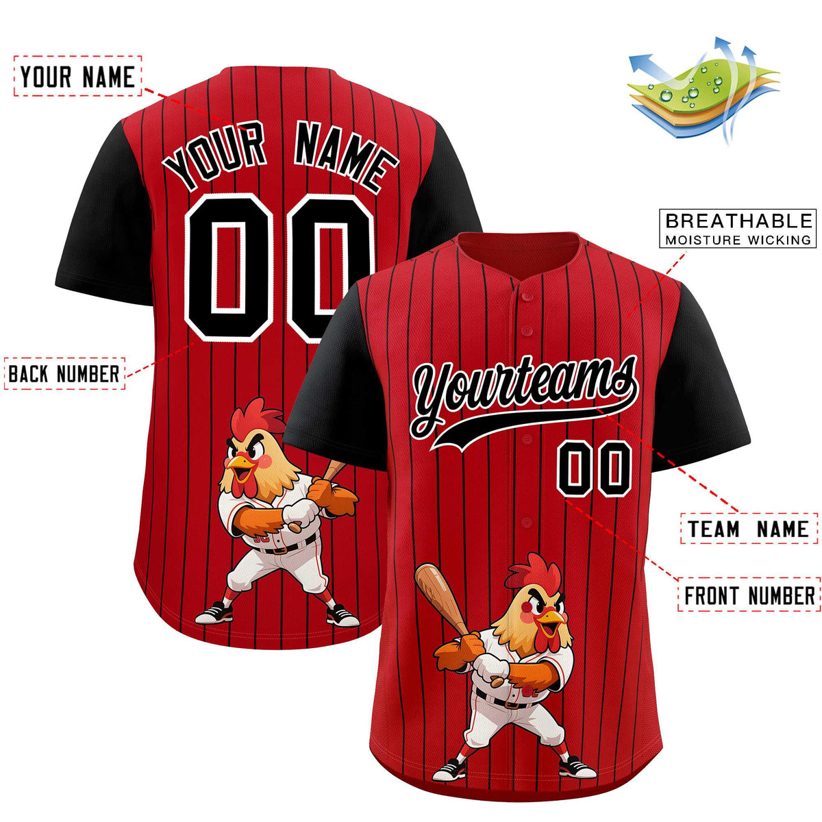 Custom Red Black Stripe Animals Graffiti Pattern Raglan Sleeves Authentic Baseball Jersey