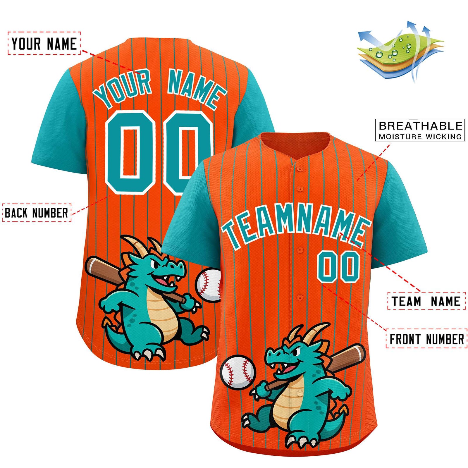 Custom Orange Aqua Stripe Animals Graffiti Pattern Raglan Sleeves Authentic Baseball Jersey