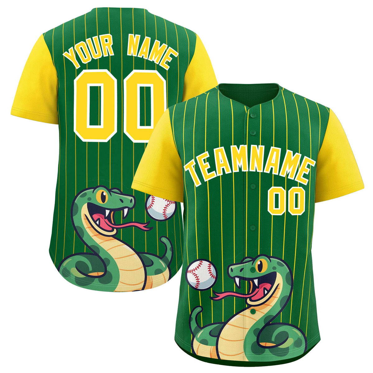 Custom Kelly Green Gold Stripe Animals Graffiti Pattern Raglan Sleeves Authentic Baseball Jersey