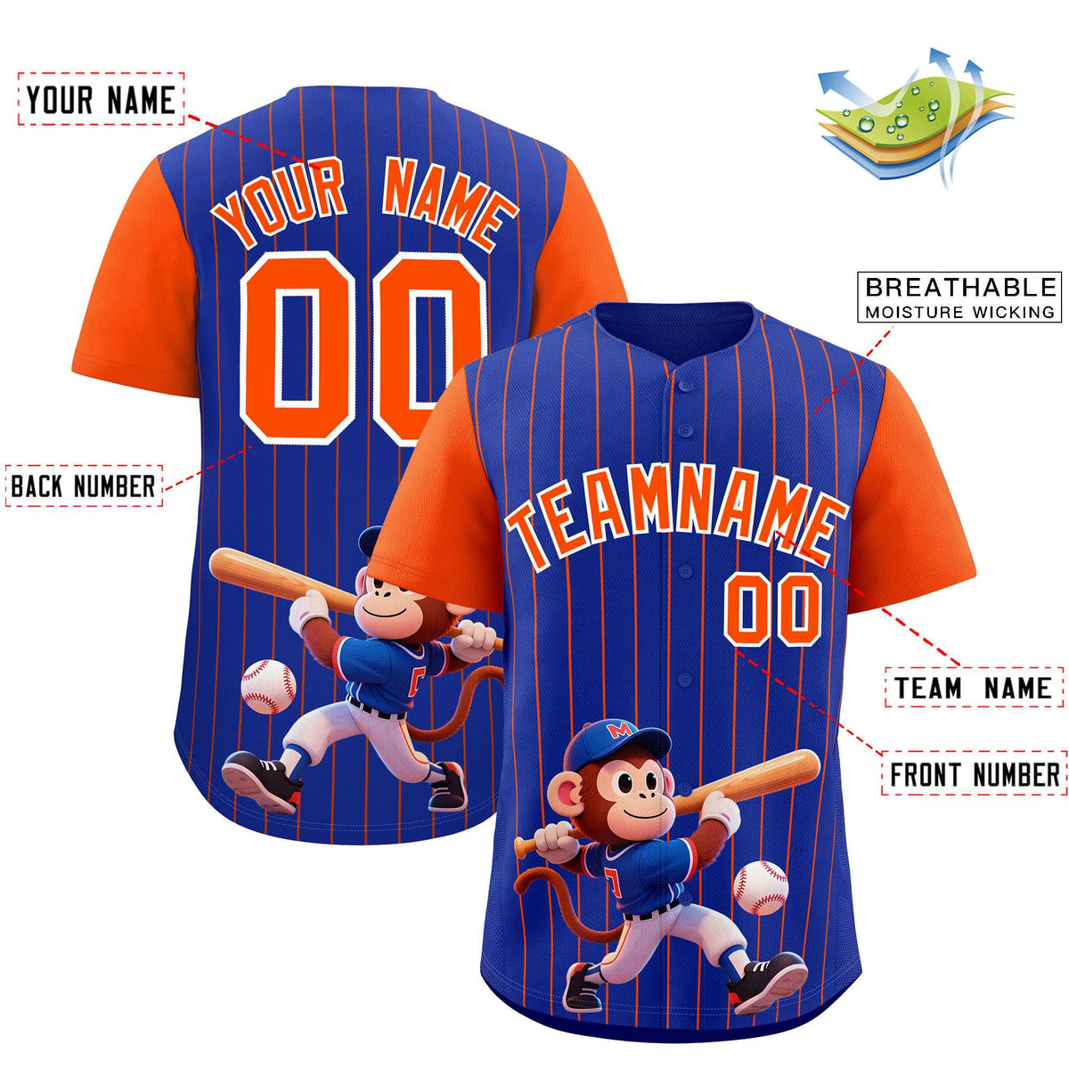 Custom Royal Orange Stripe Animals Graffiti Pattern Raglan Sleeves Authentic Baseball Jersey