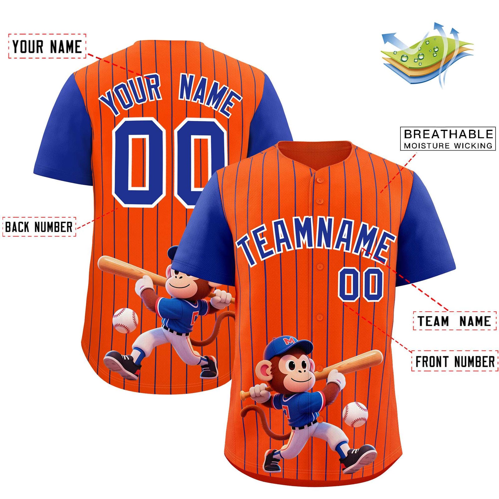 Custom Orange Royal Stripe Animals Graffiti Pattern Raglan Sleeves Authentic Baseball Jersey