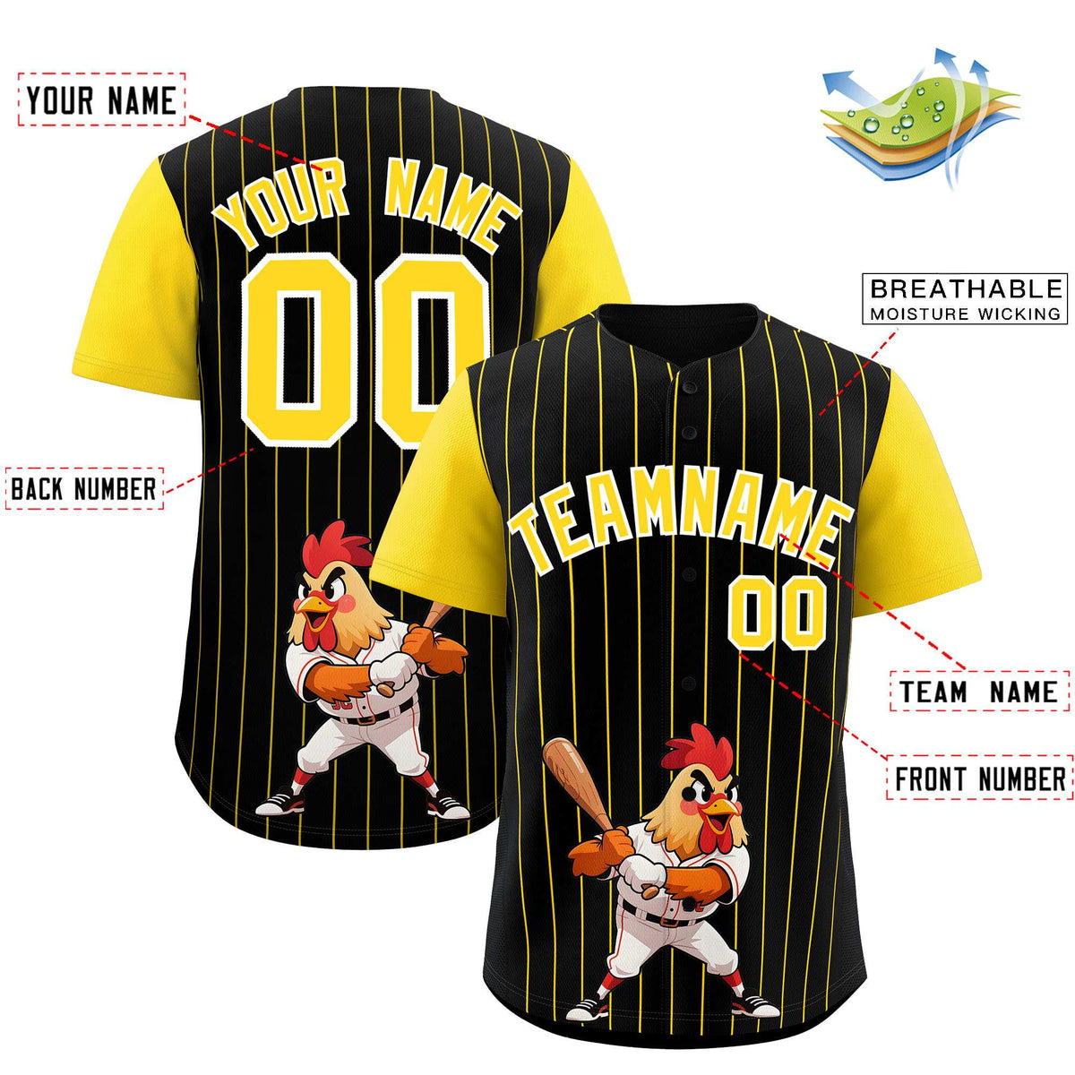 Custom Black Gold Stripe Animals Graffiti Pattern Raglan Sleeves Authentic Baseball Jersey