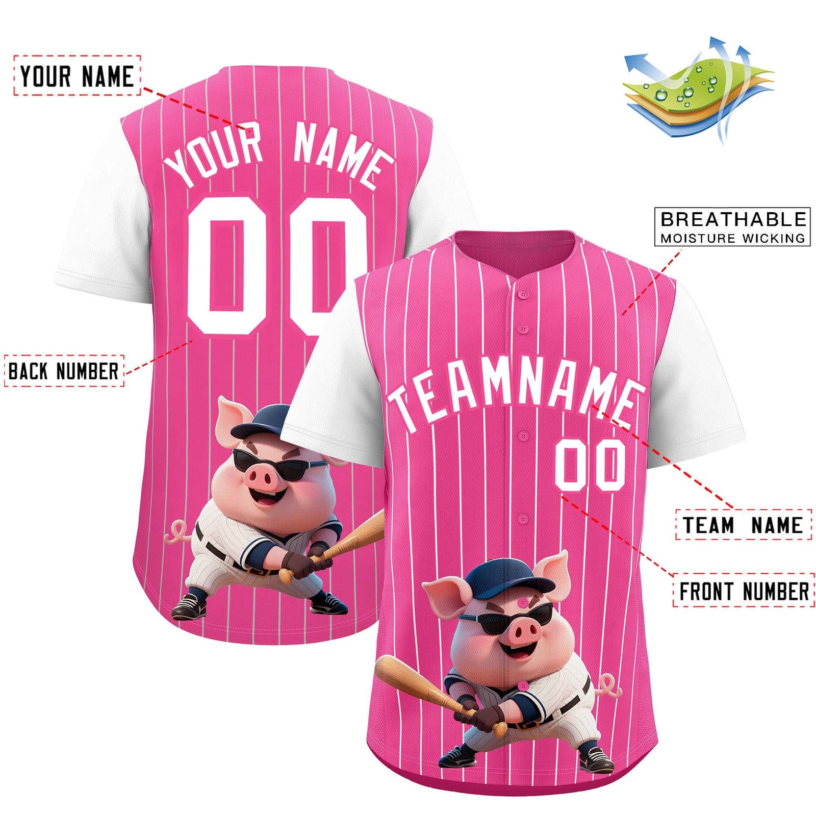 Custom Pink White Stripe Animals Graffiti Pattern Raglan Sleeves Authentic Baseball Jersey