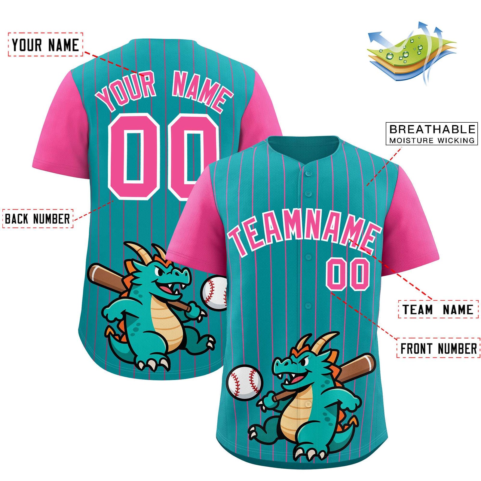 Custom Aqua Pink Stripe Animals Graffiti Pattern Raglan Sleeves Authentic Baseball Jersey