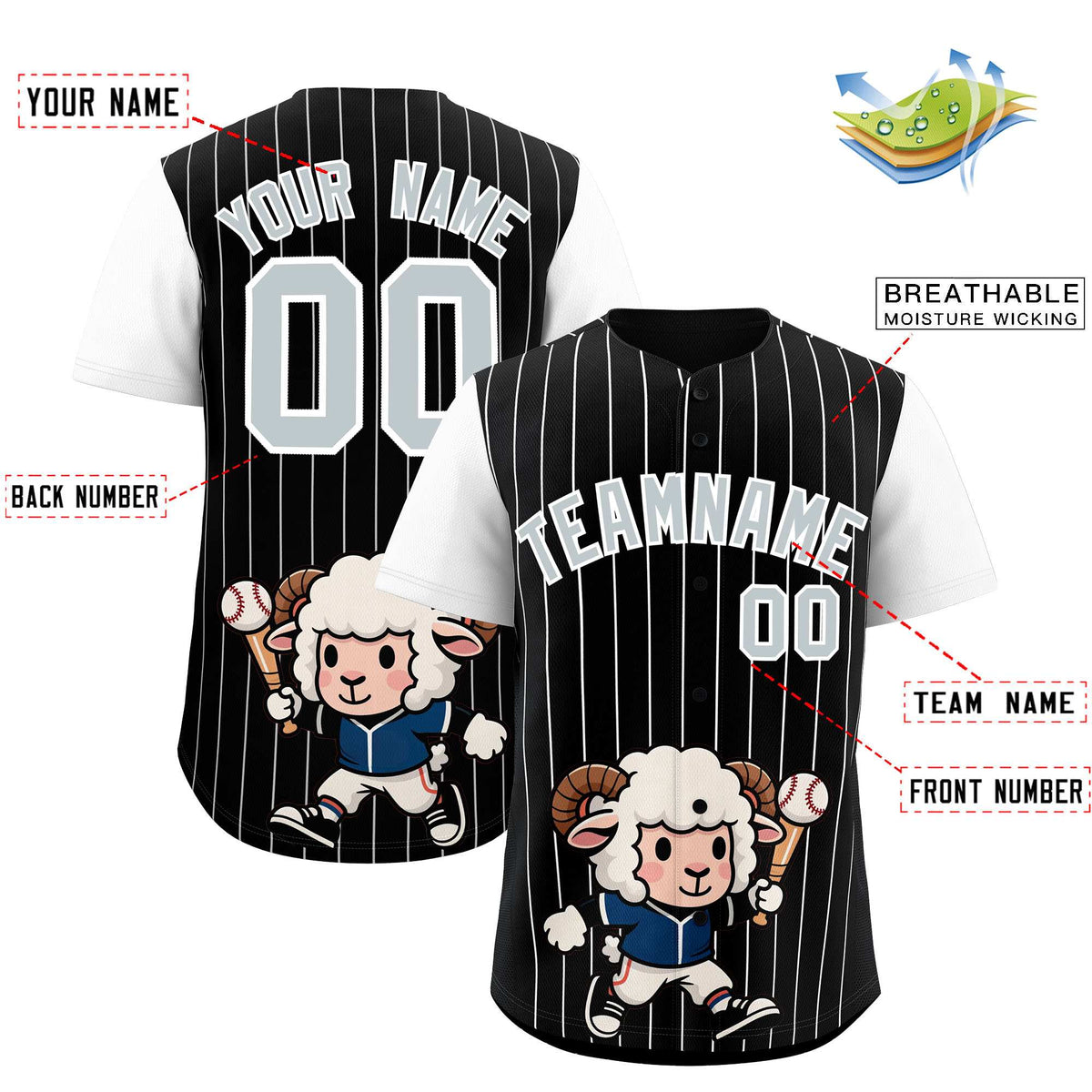 Custom Black White Stripe Animals Graffiti Pattern Raglan Sleeves Authentic Baseball Jersey