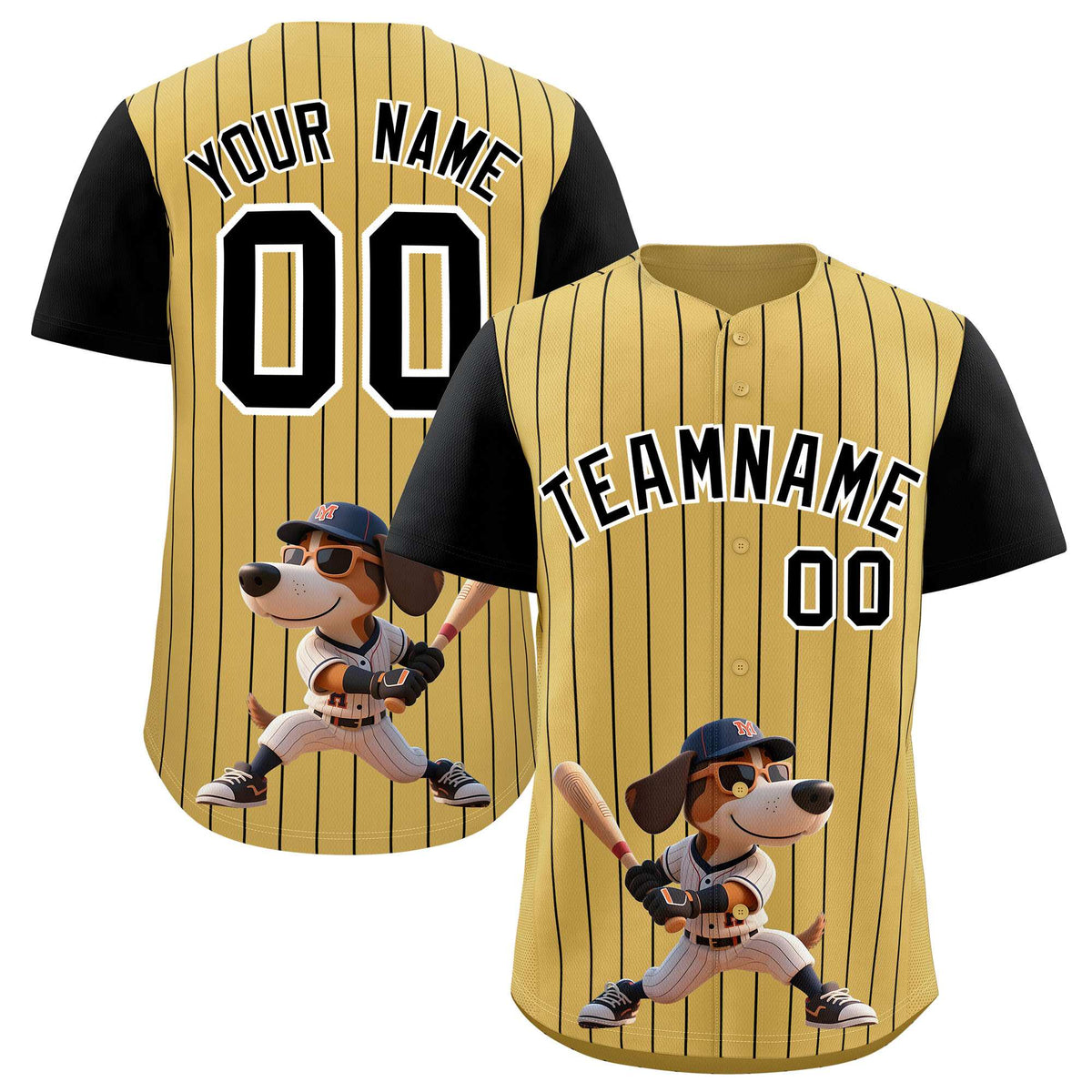 Custom Old Gold Black Stripe Animals Graffiti Pattern Raglan Sleeves Authentic Baseball Jersey