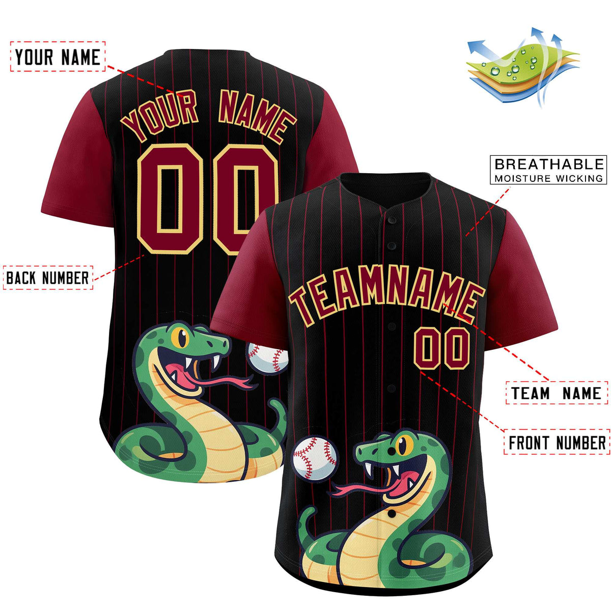 Custom Black Crimson Stripe Animals Graffiti Pattern Raglan Sleeves Authentic Baseball Jersey