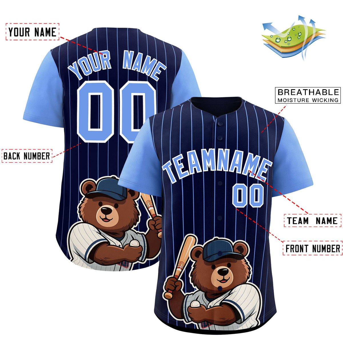 Custom Navy Light Blue Stripe Animals Graffiti Pattern Raglan Sleeves Authentic Baseball Jersey