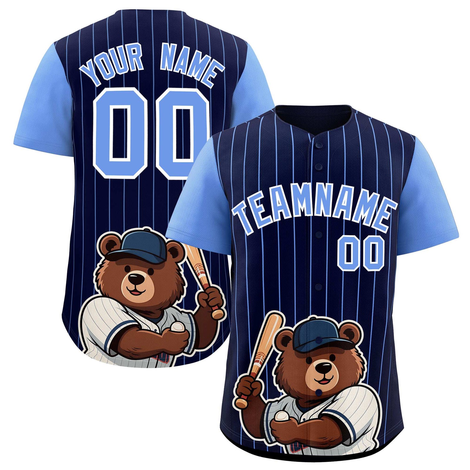 Custom Navy Light Blue Stripe Animals Graffiti Pattern Raglan Sleeves Authentic Baseball Jersey