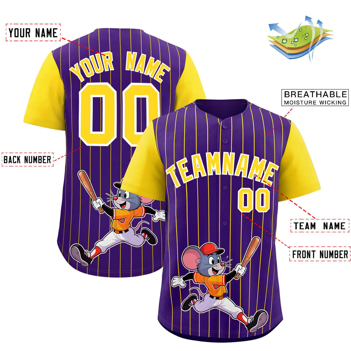 Custom Purple Gold Stripe Animals Graffiti Pattern Raglan Sleeves Authentic Baseball Jersey