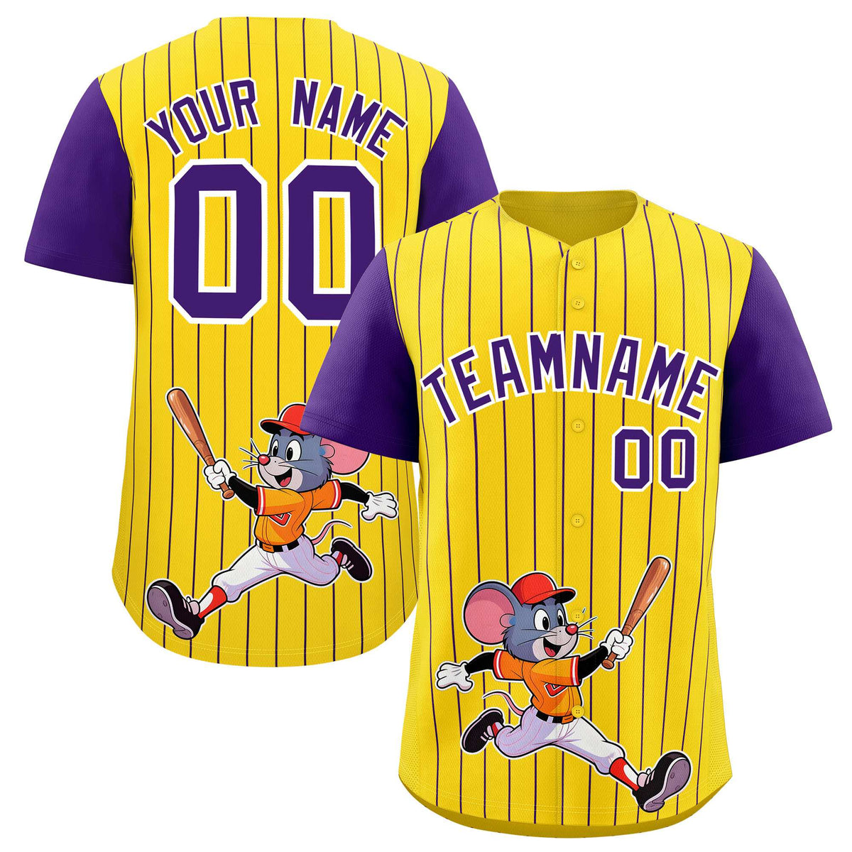 Custom Gold Purple Stripe Animals Graffiti Pattern Raglan Sleeves Authentic Baseball Jersey