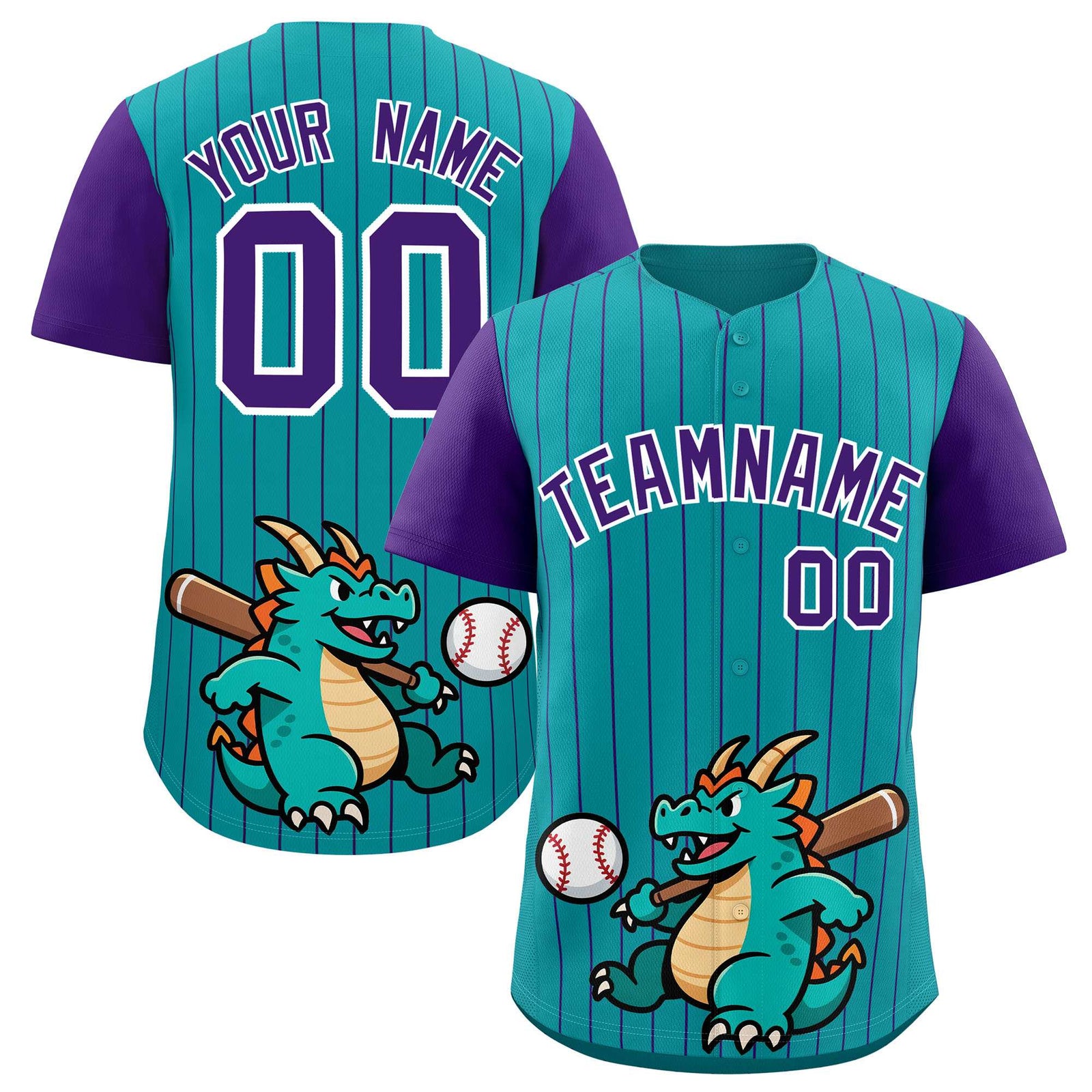 Custom Aqua Purple Stripe Animals Graffiti Pattern Raglan Sleeves Authentic Baseball Jersey