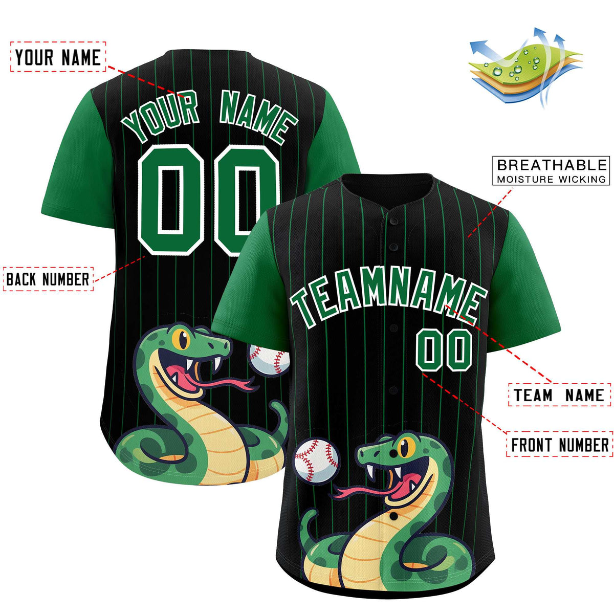 Custom Black Kelly Green Stripe Animals Graffiti Pattern Raglan Sleeves Authentic Baseball Jersey