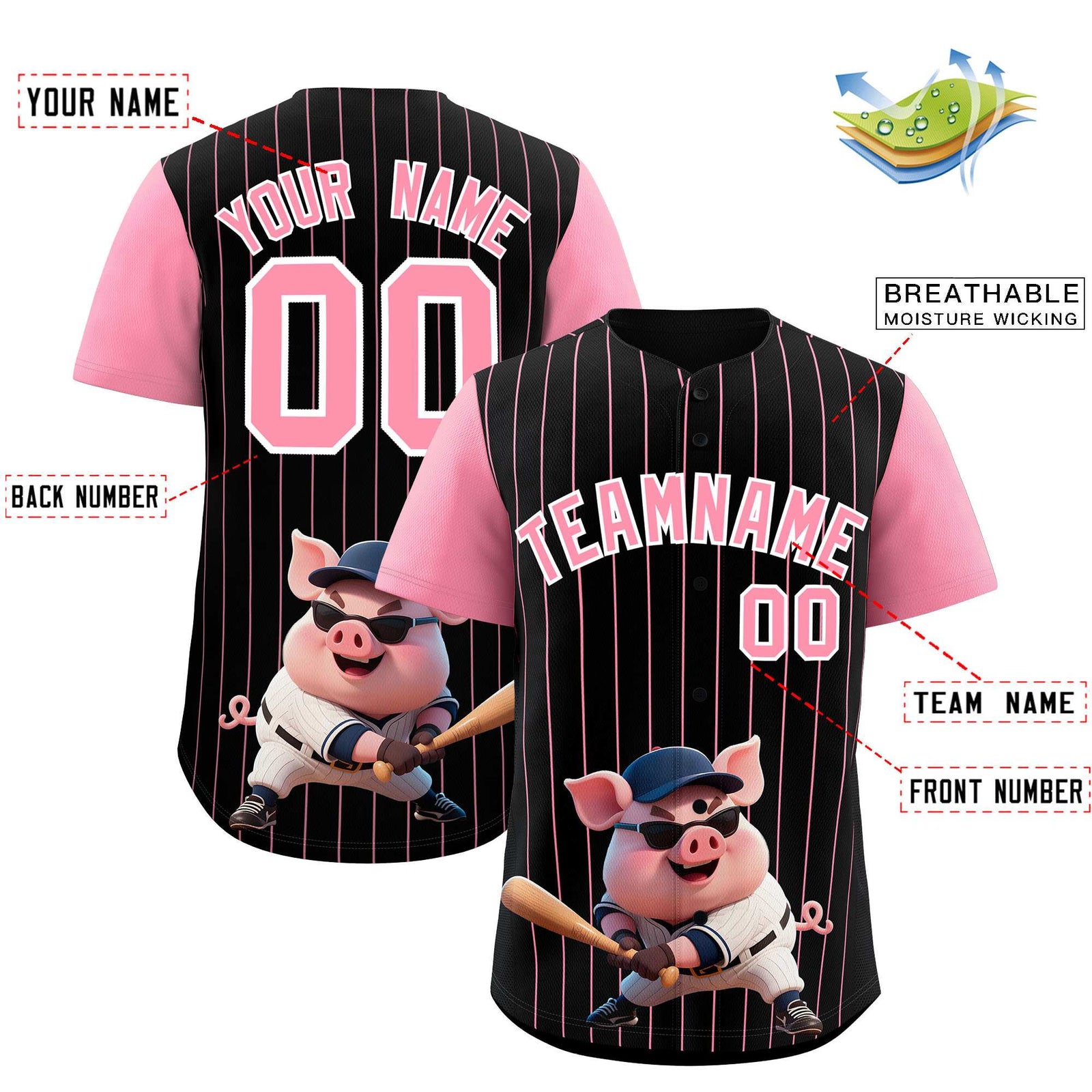 Custom Black Light Pink Stripe Animals Graffiti Pattern Raglan Sleeves Authentic Baseball Jersey