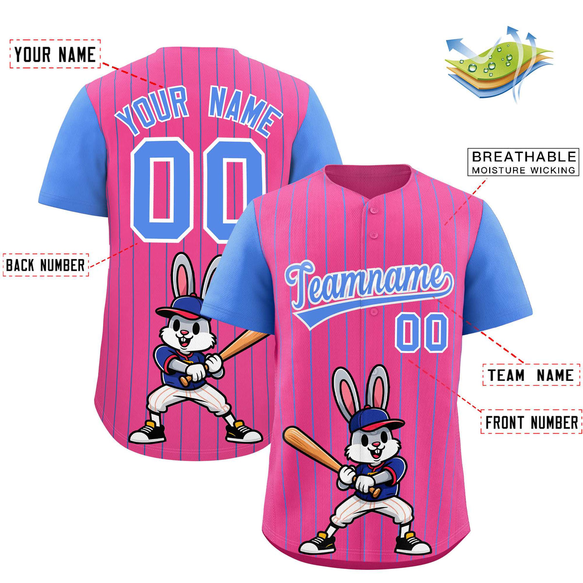 Custom Pink Light Blue Stripe Animals Graffiti Pattern Raglan Sleeves Authentic Baseball Jersey