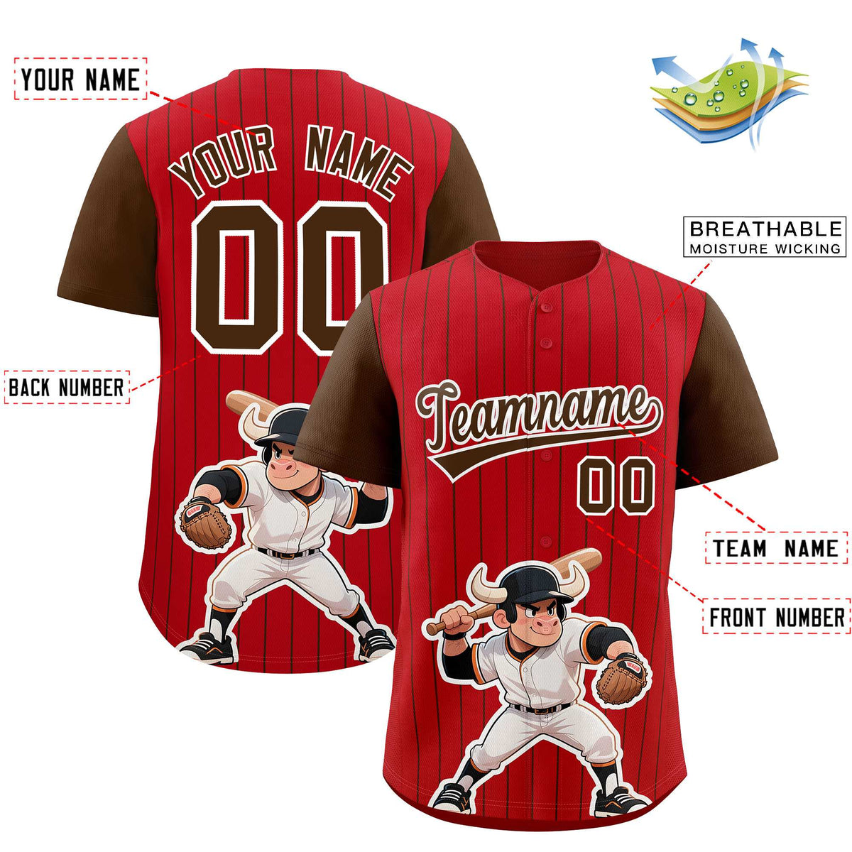Custom Red Brown Stripe Animals Graffiti Pattern Raglan Sleeves Authentic Baseball Jersey
