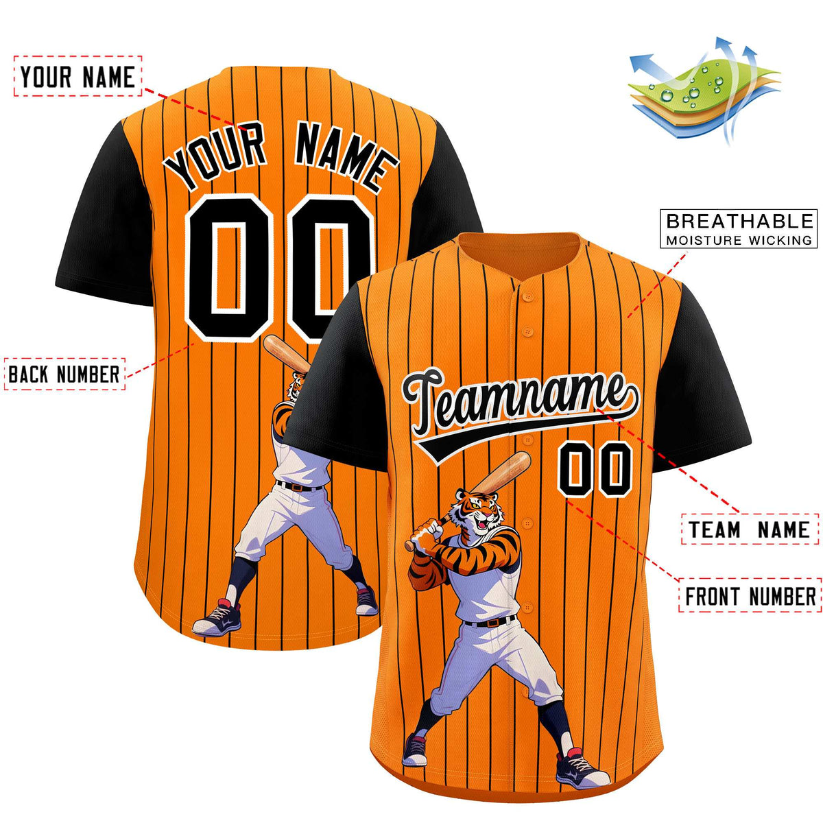 Custom Orange Black Stripe Animals Graffiti Pattern Raglan Sleeves Authentic Baseball Jersey