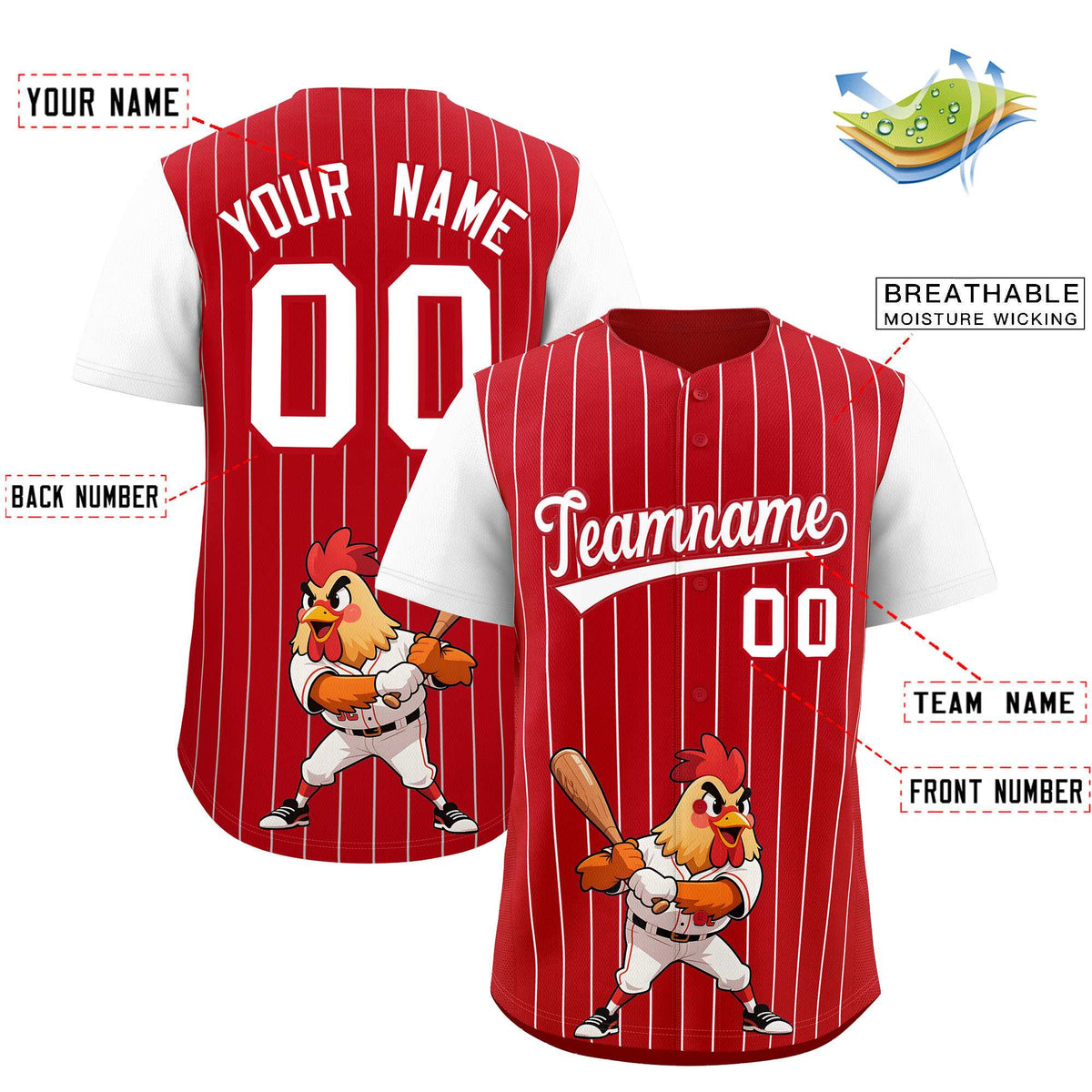Custom Red White Stripe Animals Graffiti Pattern Raglan Sleeves Authentic Baseball Jersey