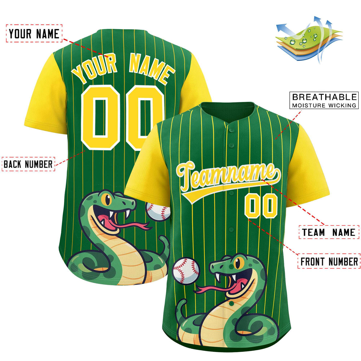 Custom Kelly Green Gold Stripe Animals Graffiti Pattern Raglan Sleeves Authentic Baseball Jersey