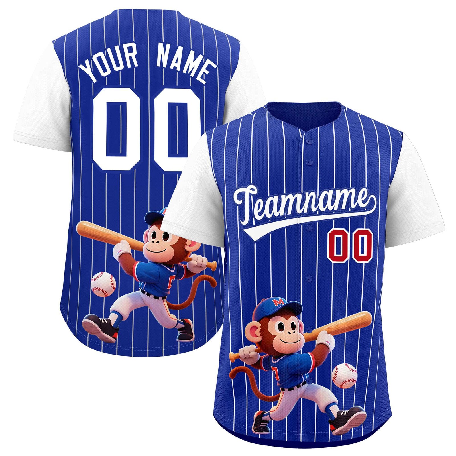 Custom Royal White Stripe Animals Graffiti Pattern Raglan Sleeves Authentic Baseball Jersey