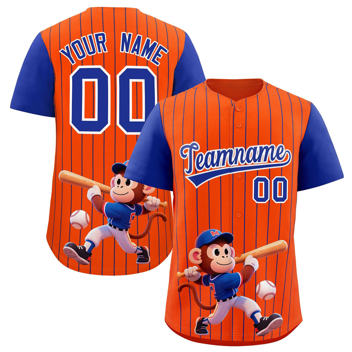 Custom Orange Royal Stripe Animals Graffiti Pattern Raglan Sleeves Authentic Baseball Jersey