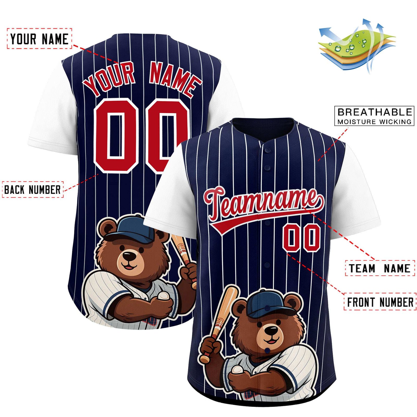 Custom Navy White Stripe Animals Graffiti Pattern Raglan Sleeves Authentic Baseball Jersey