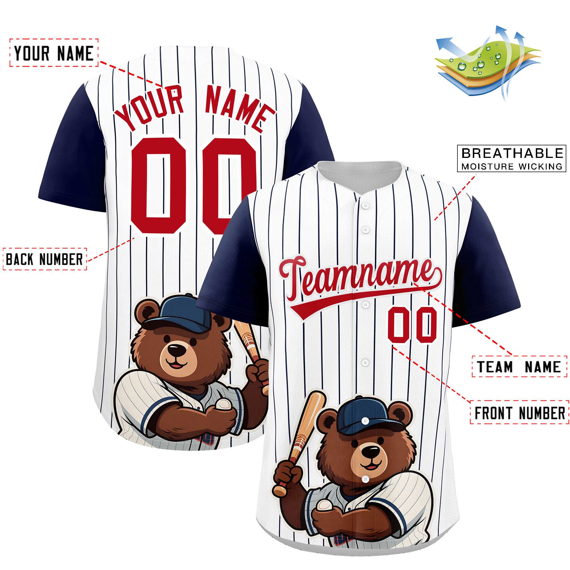 Custom White Navy Stripe Animals Graffiti Pattern Raglan Sleeves Authentic Baseball Jersey