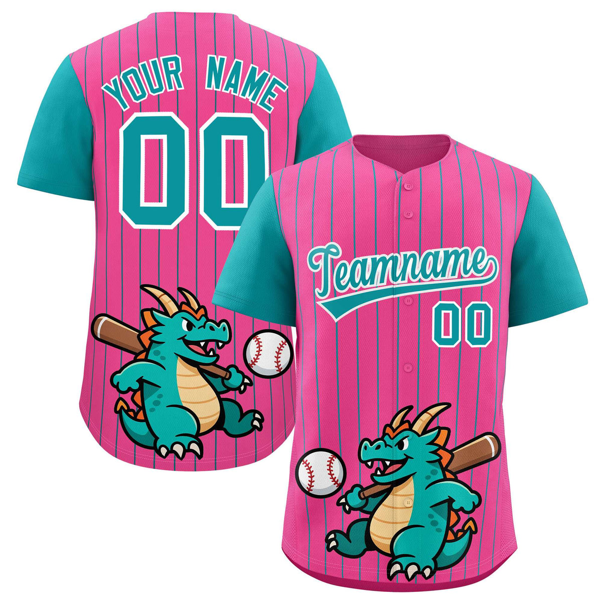 Custom Pink Aqua Stripe Animals Graffiti Pattern Raglan Sleeves Authentic Baseball Jersey