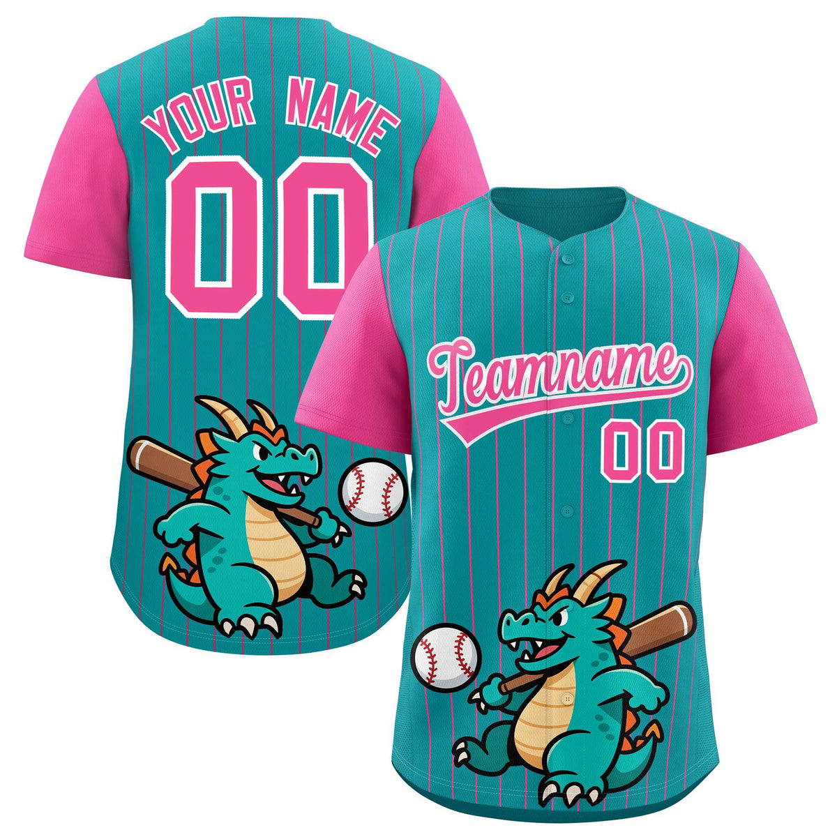 Custom Aqua Pink Stripe Animals Graffiti Pattern Raglan Sleeves Authentic Baseball Jersey