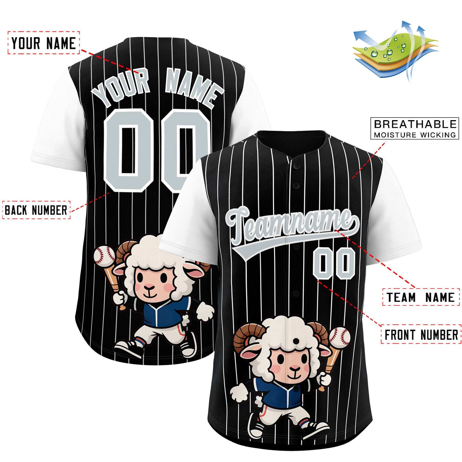 Custom Black White Stripe Animals Graffiti Pattern Raglan Sleeves Authentic Baseball Jersey