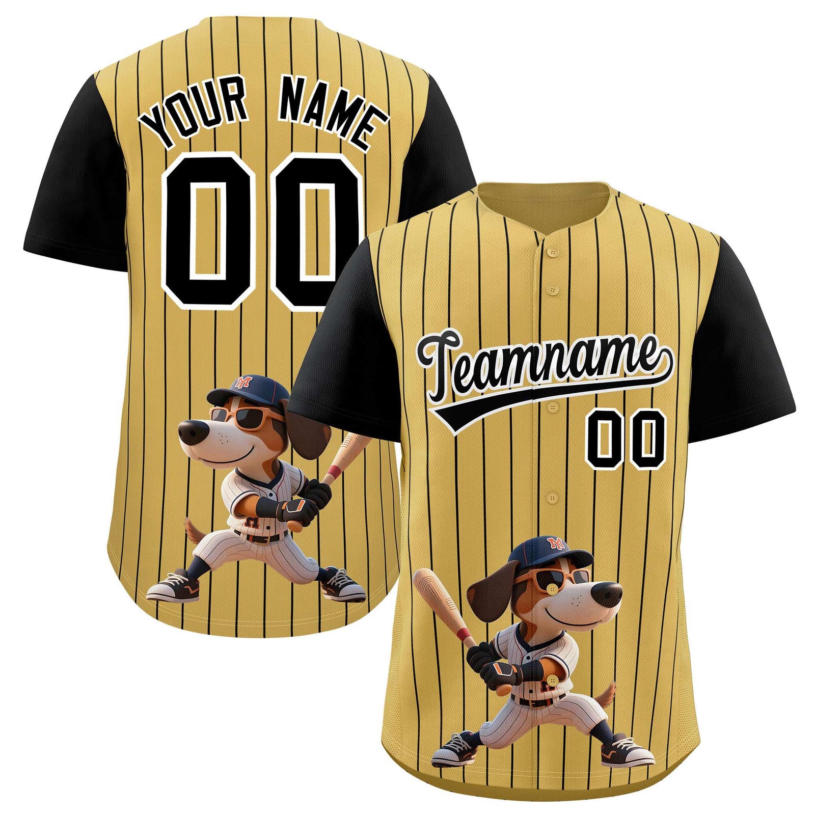 Custom Old Gold Black Stripe Animals Graffiti Pattern Raglan Sleeves Authentic Baseball Jersey
