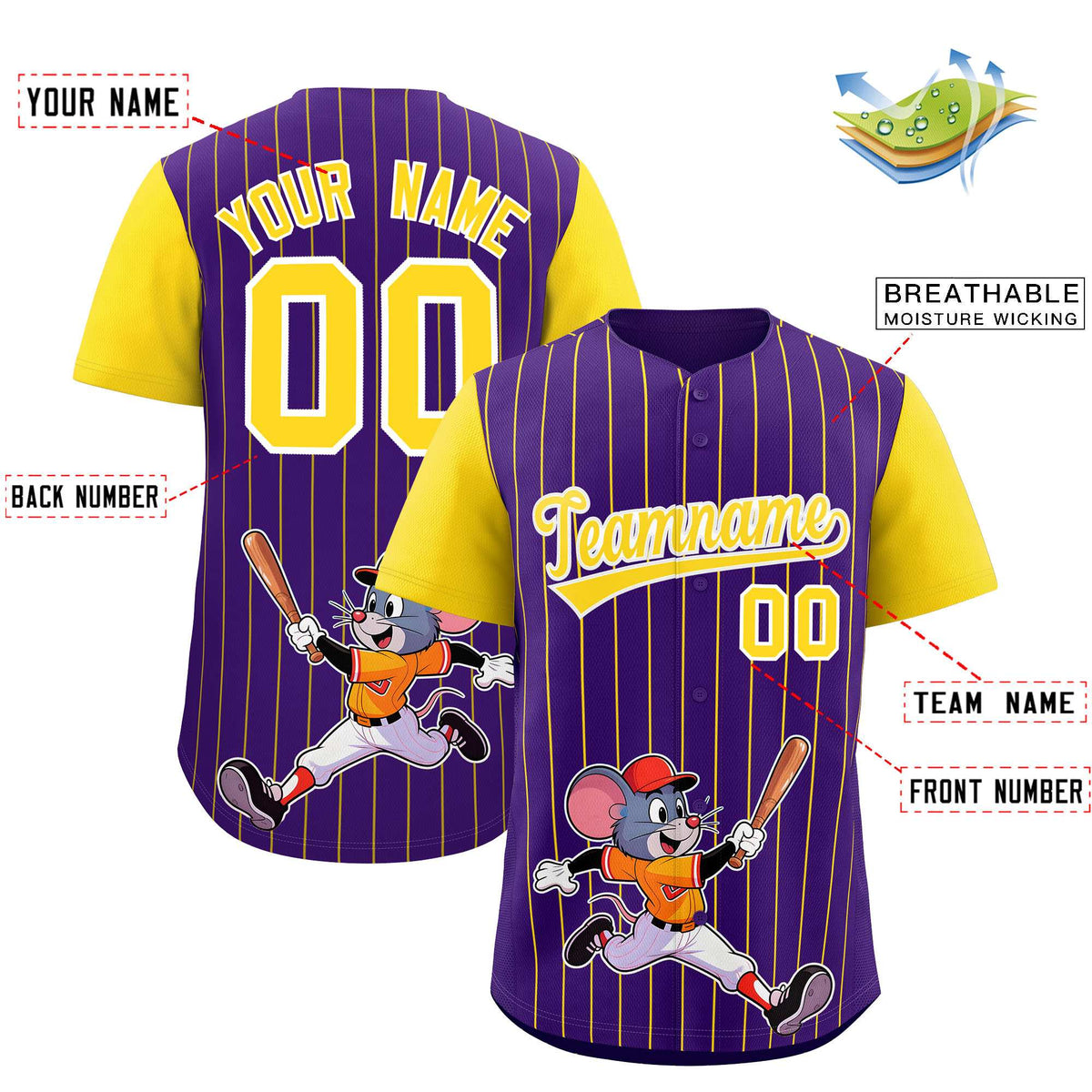 Custom Purple Gold Stripe Animals Graffiti Pattern Raglan Sleeves Authentic Baseball Jersey