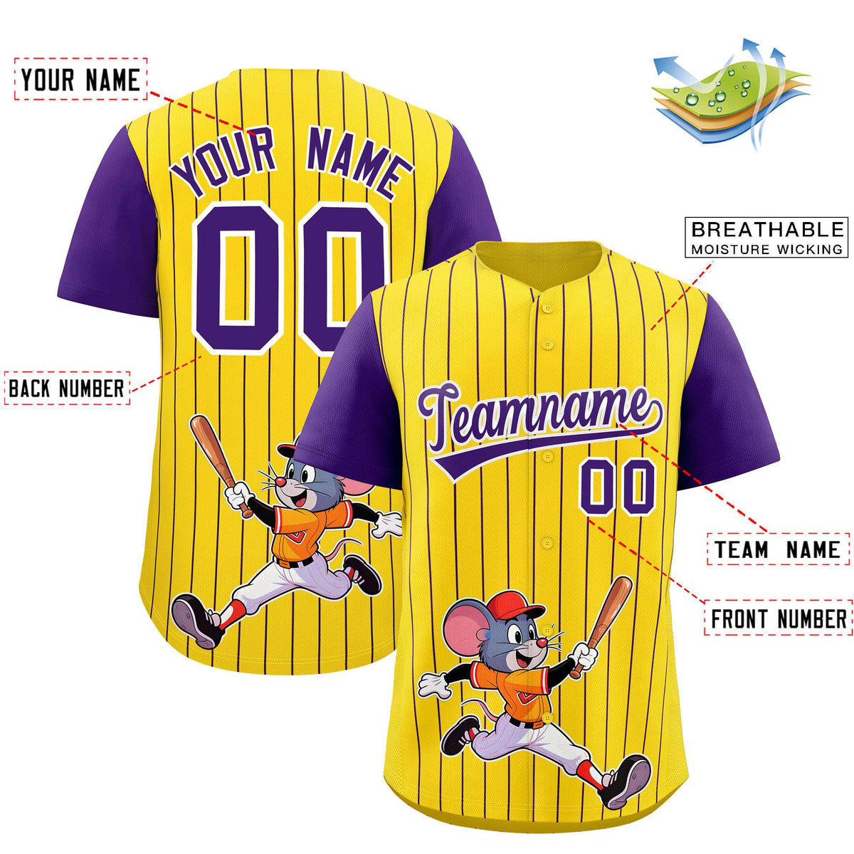 Custom Gold Purple Stripe Animals Graffiti Pattern Raglan Sleeves Authentic Baseball Jersey