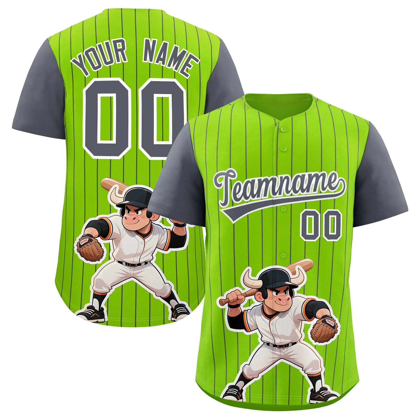 Custom Neon Green Dark Gray Stripe Animals Graffiti Pattern Raglan Sleeves Authentic Baseball Jersey