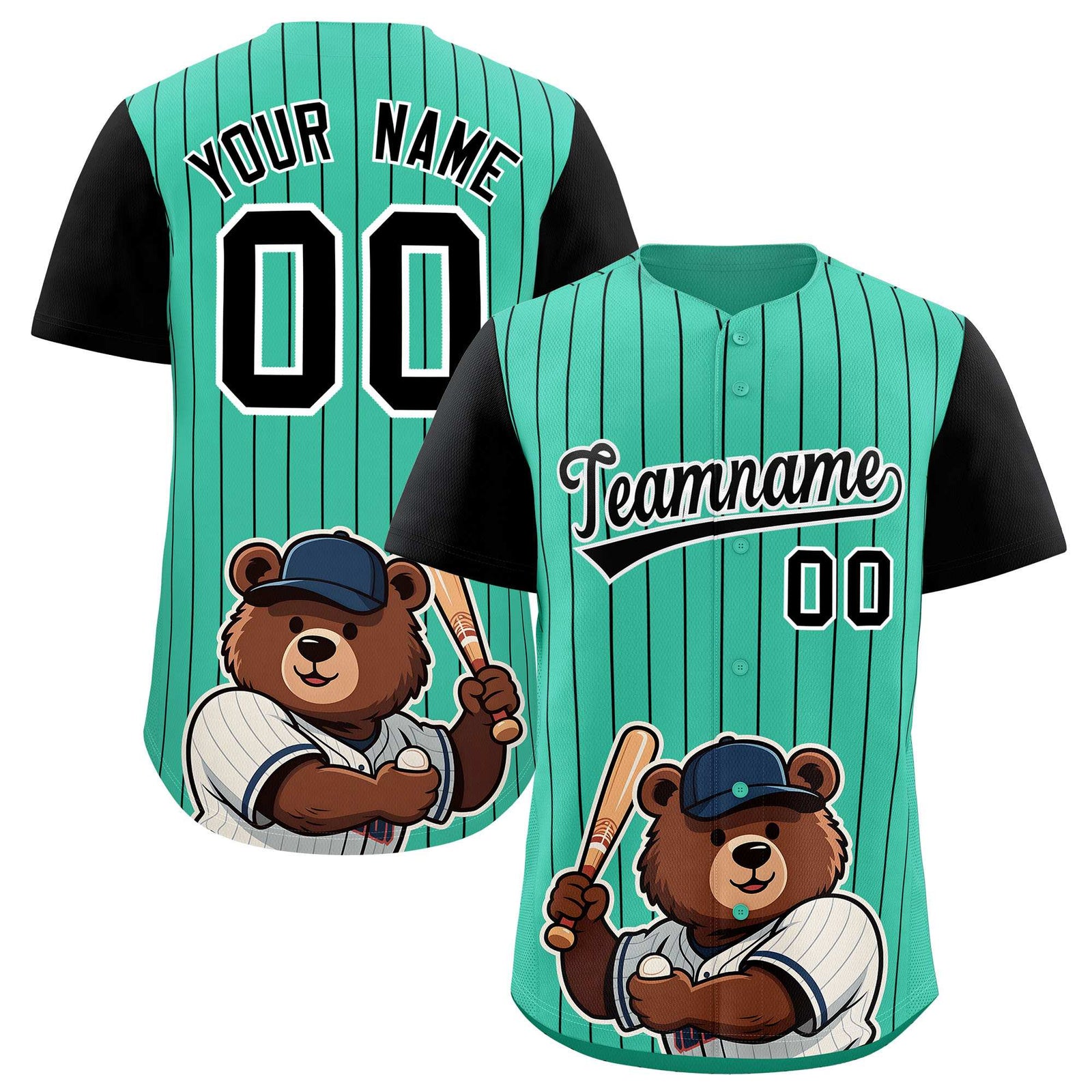 Custom Bright Green Black Stripe Animals Graffiti Pattern Raglan Sleeves Authentic Baseball Jersey