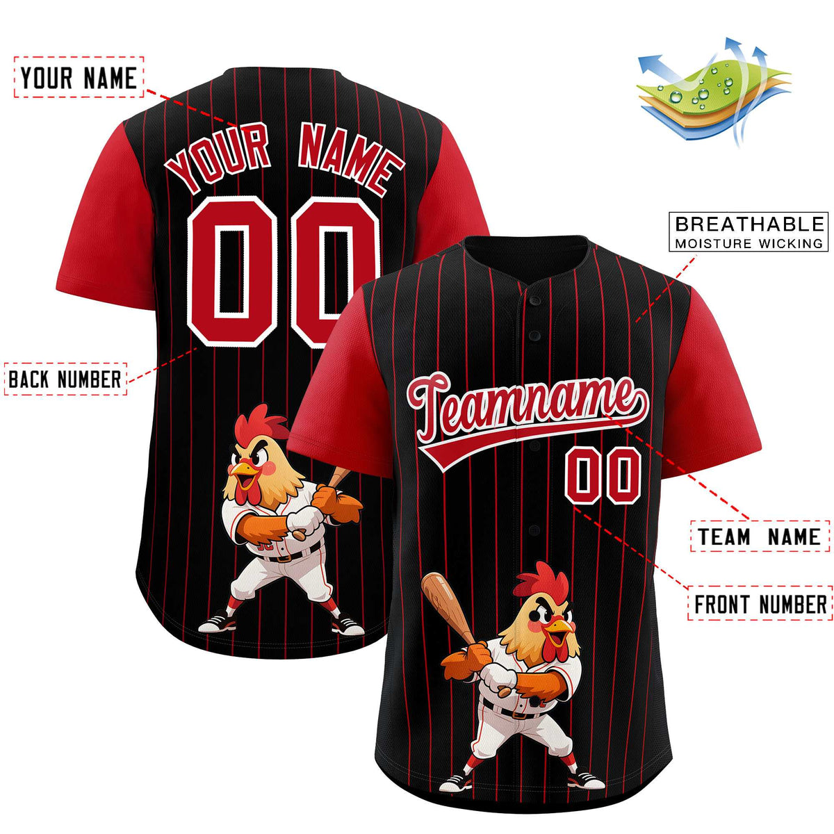 Custom Black Red Stripe Animals Graffiti Pattern Raglan Sleeves Authentic Baseball Jersey