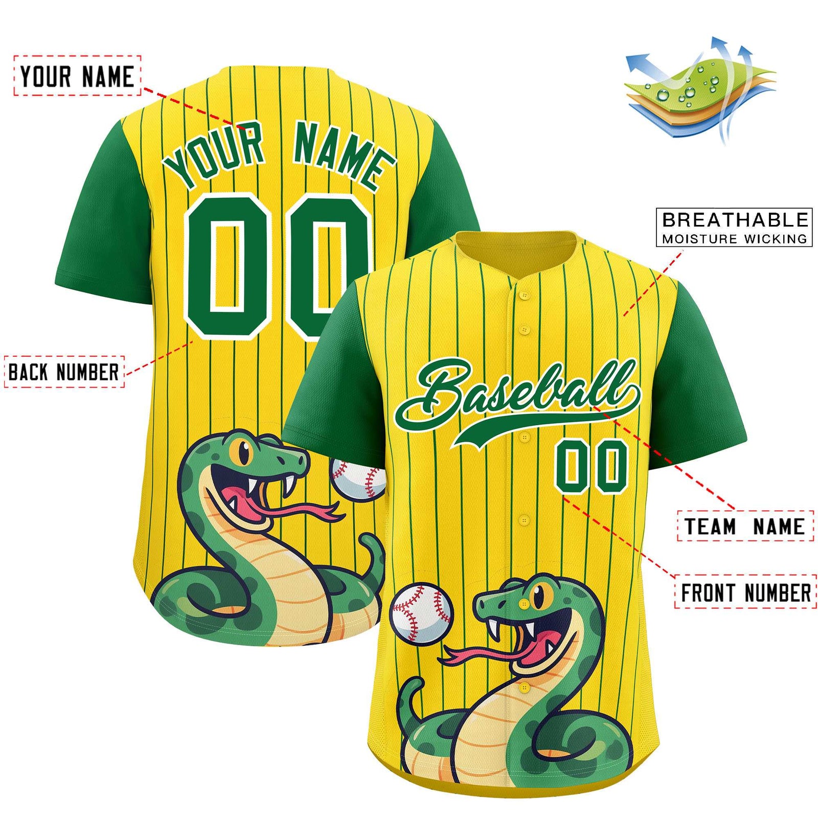 Custom Gold Kelly Green Stripe Animals Graffiti Pattern Raglan Sleeves Authentic Baseball Jersey