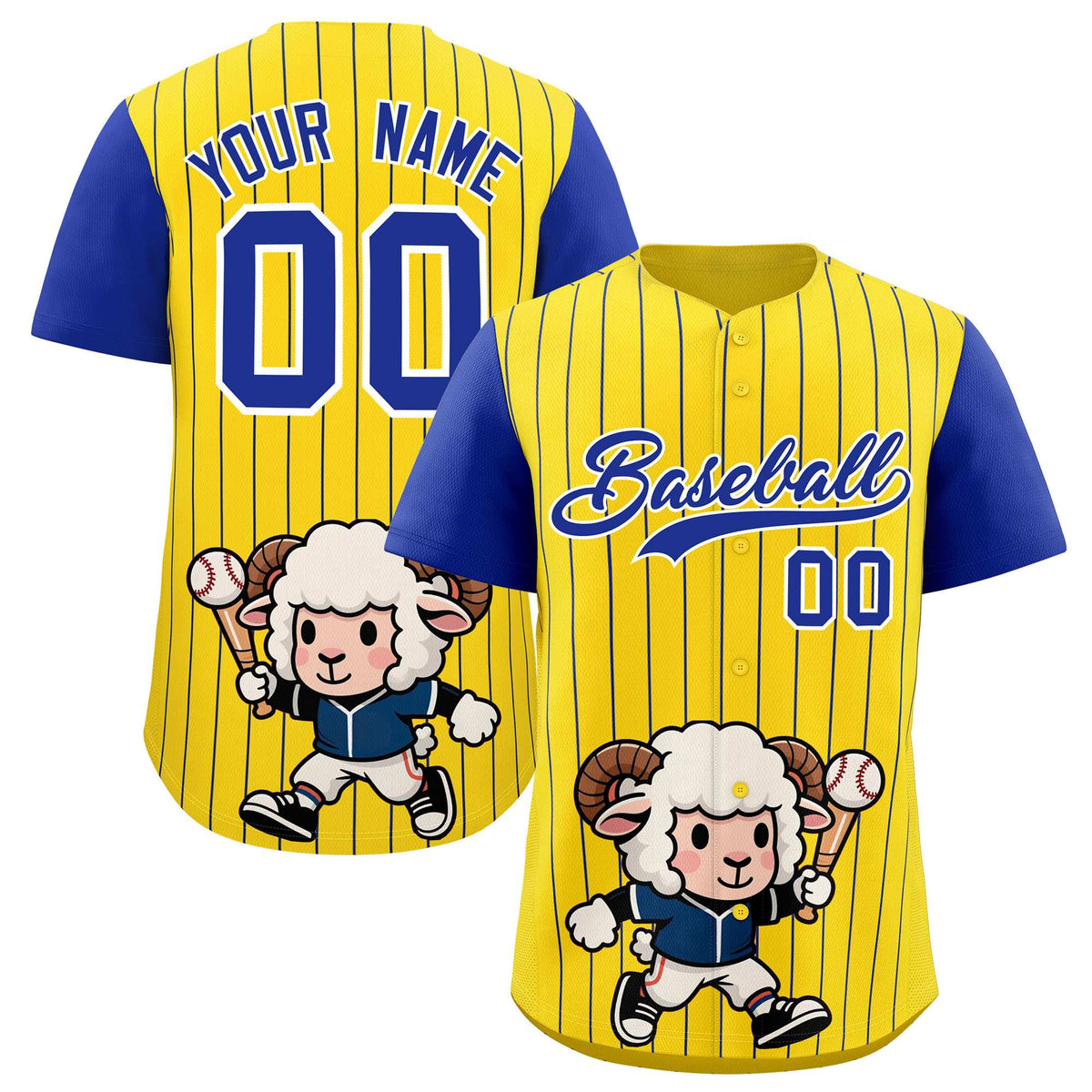 Custom Gold Royal Stripe Animals Graffiti Pattern Raglan Sleeves Authentic Baseball Jersey