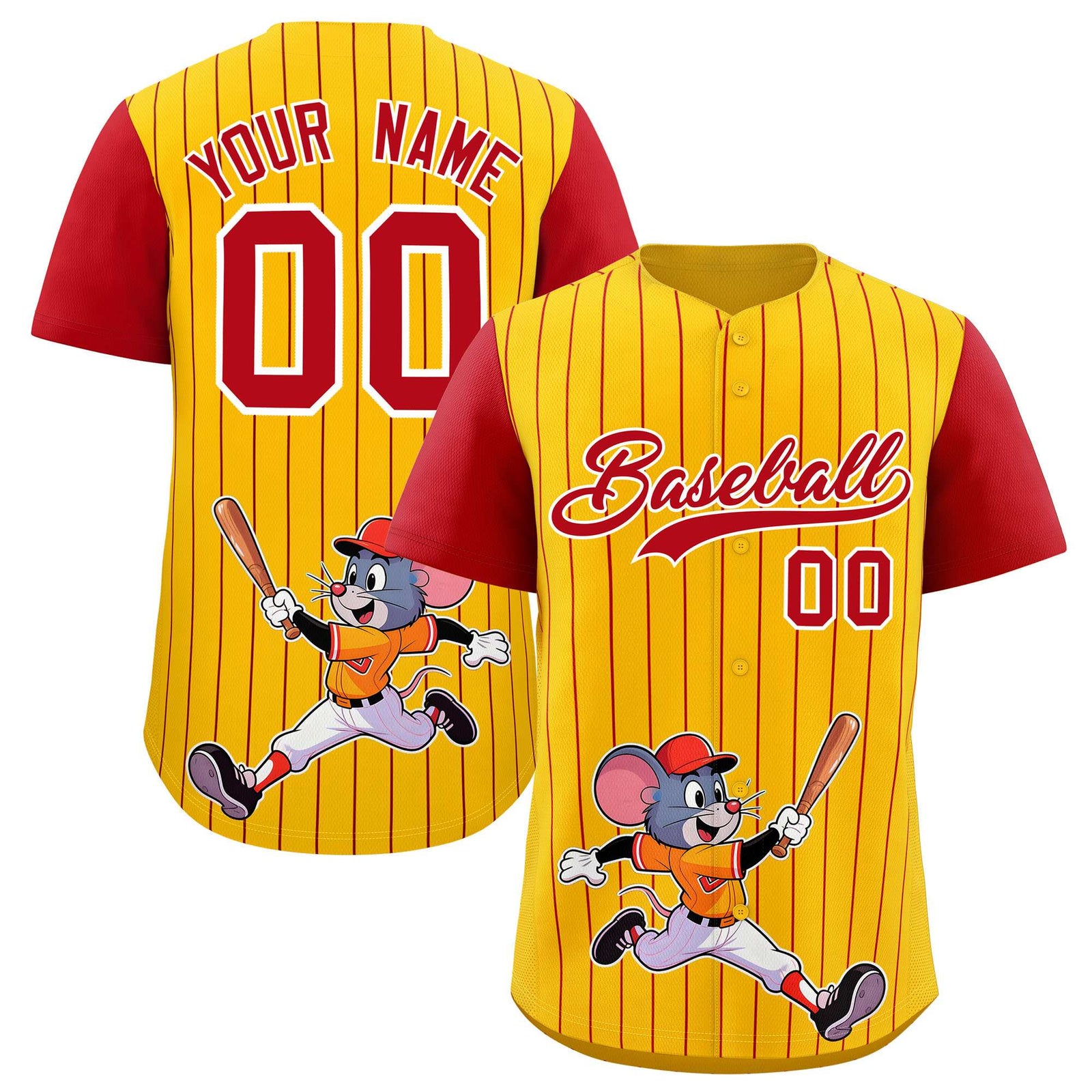 Custom Yellow Red Stripe Animals Graffiti Pattern Raglan Sleeves Authentic Baseball Jersey