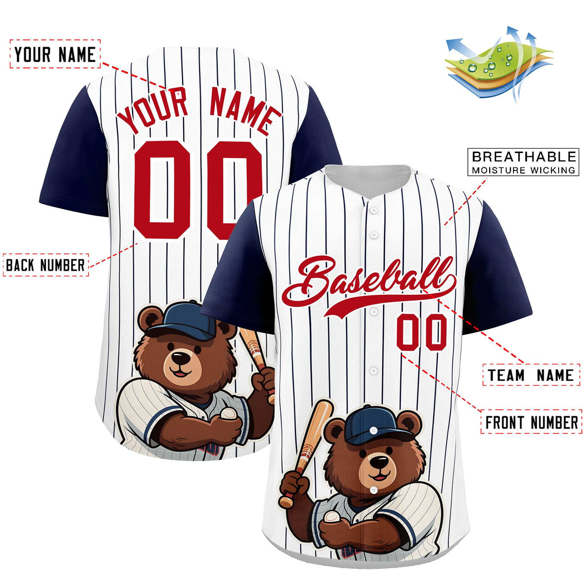 Custom White Navy Stripe Animals Graffiti Pattern Raglan Sleeves Authentic Baseball Jersey