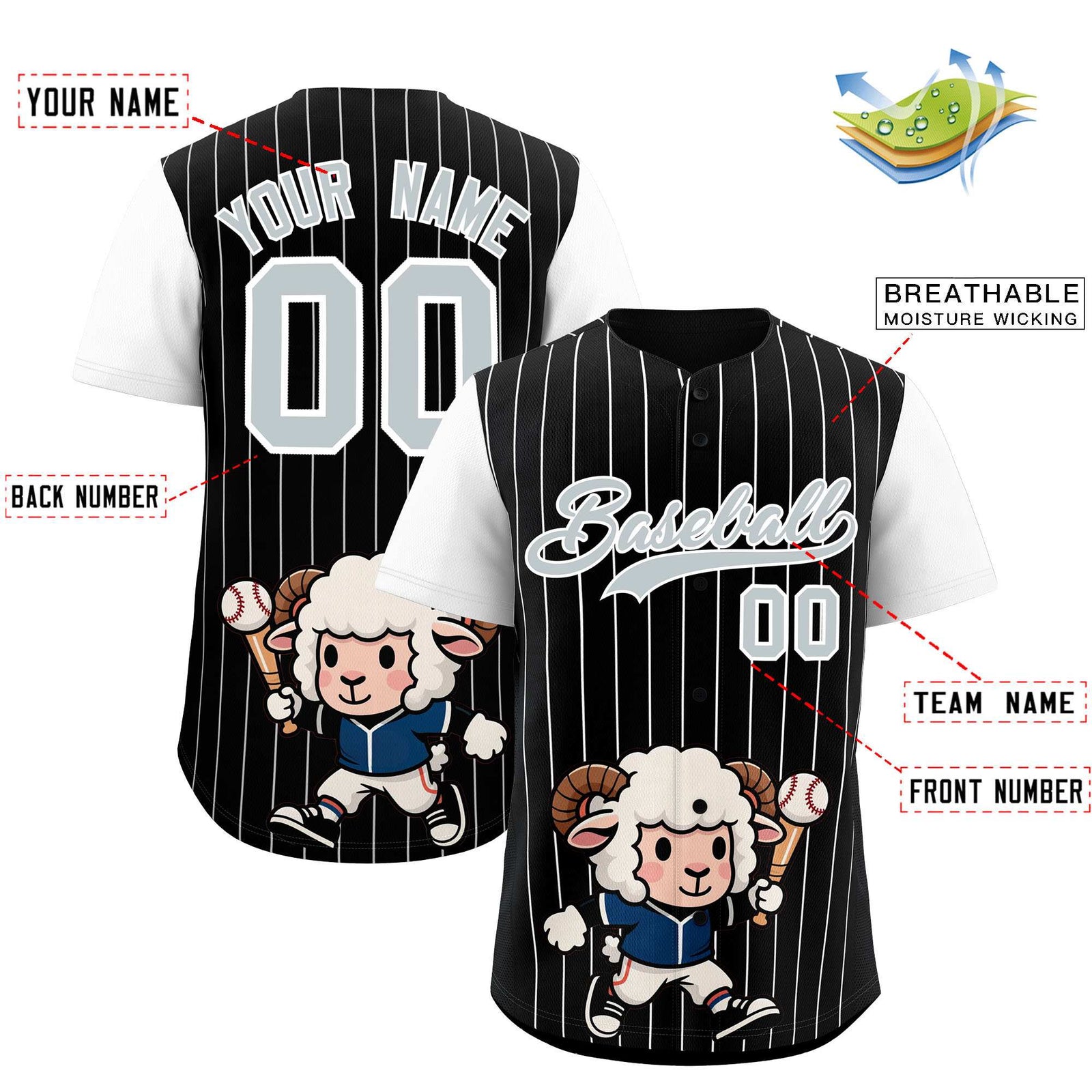Custom Black White Stripe Animals Graffiti Pattern Raglan Sleeves Authentic Baseball Jersey