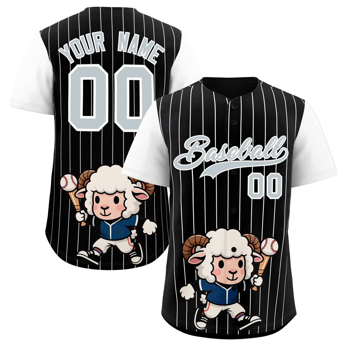 Custom Black White Stripe Animals Graffiti Pattern Raglan Sleeves Authentic Baseball Jersey