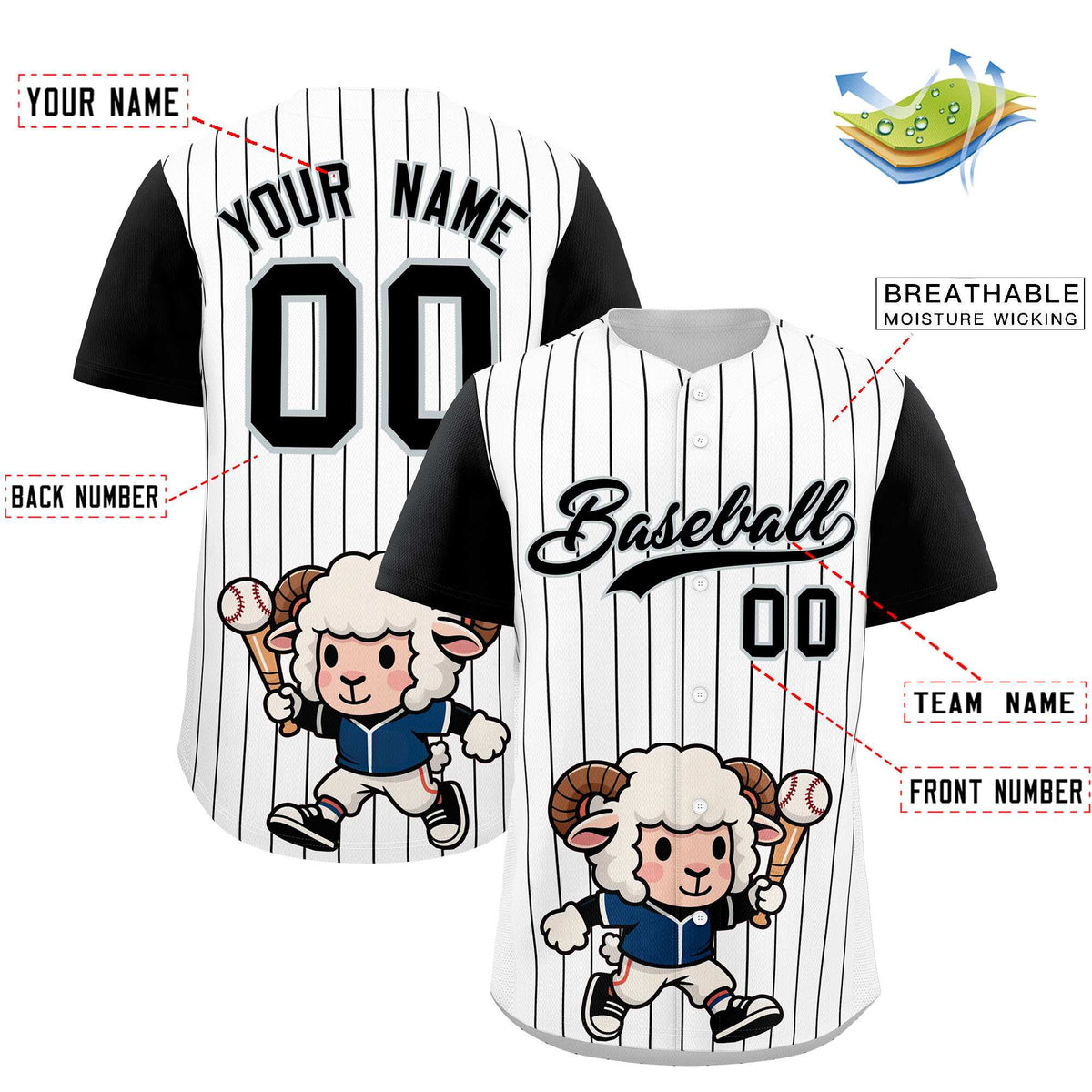 Custom White Black Stripe Animals Graffiti Pattern Raglan Sleeves Authentic Baseball Jersey