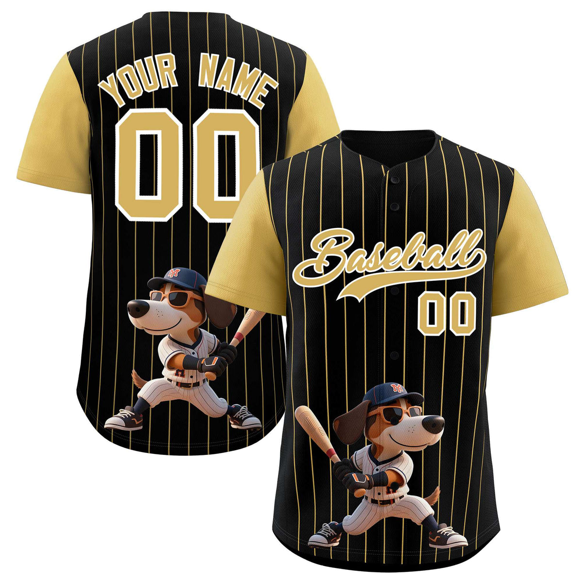 Custom Black Old Gold Stripe Animals Graffiti Pattern Raglan Sleeves Authentic Baseball Jersey