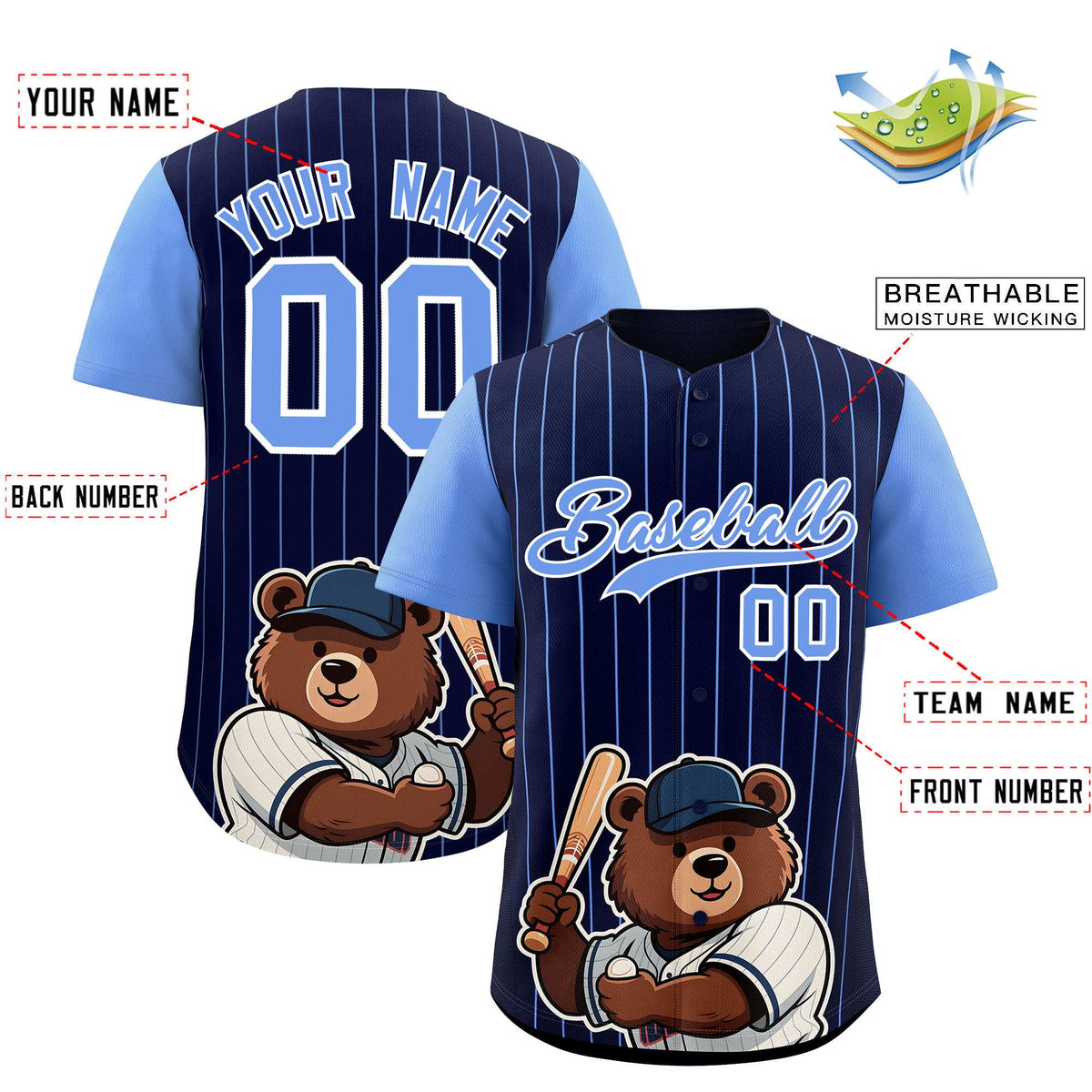 Custom Navy Light Blue Stripe Animals Graffiti Pattern Raglan Sleeves Authentic Baseball Jersey