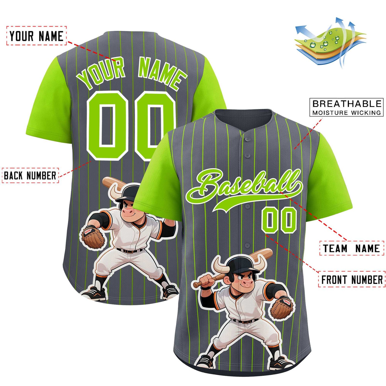 Custom Dark Gray Neon Green Stripe Animals Graffiti Pattern Raglan Sleeves Authentic Baseball Jersey