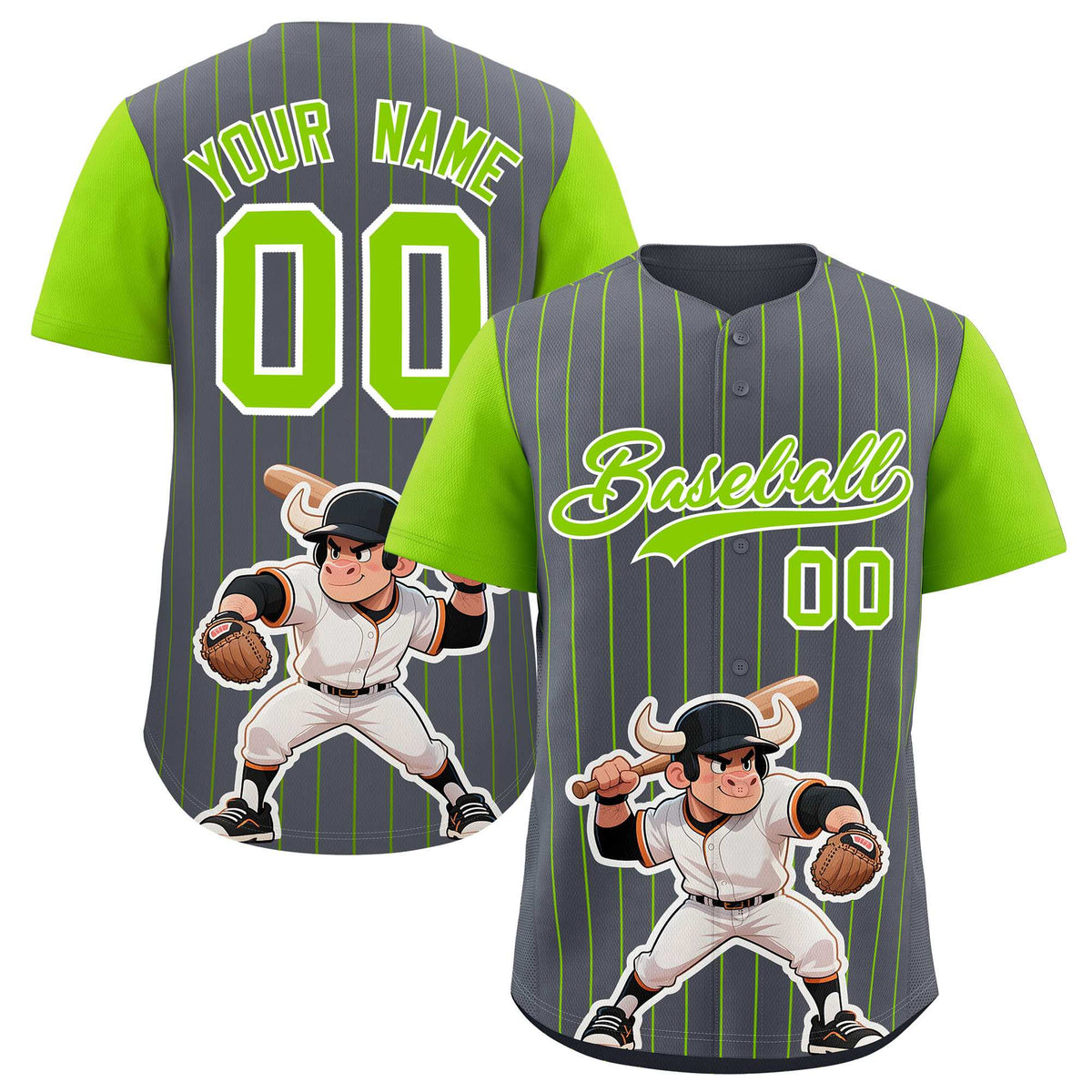 Custom Dark Gray Neon Green Stripe Animals Graffiti Pattern Raglan Sleeves Authentic Baseball Jersey
