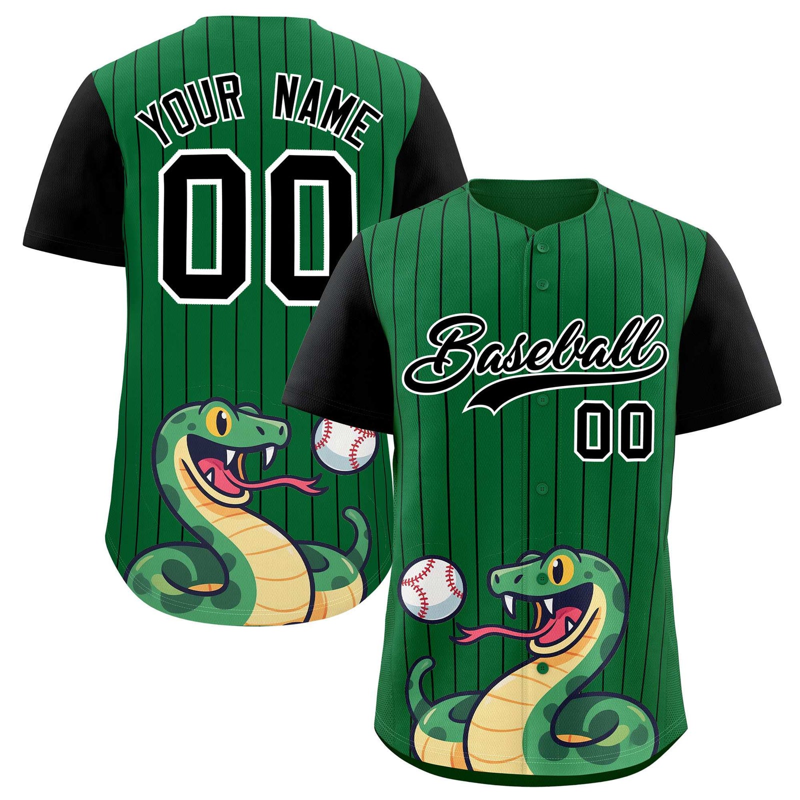 Custom Kelly Green Black Stripe Animals Graffiti Pattern Raglan Sleeves Authentic Baseball Jersey