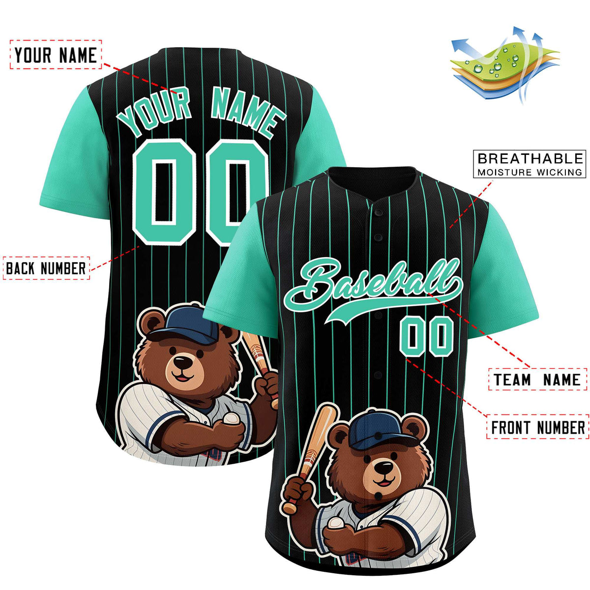 Custom Black Bright Green Stripe Animals Graffiti Pattern Raglan Sleeves Authentic Baseball Jersey