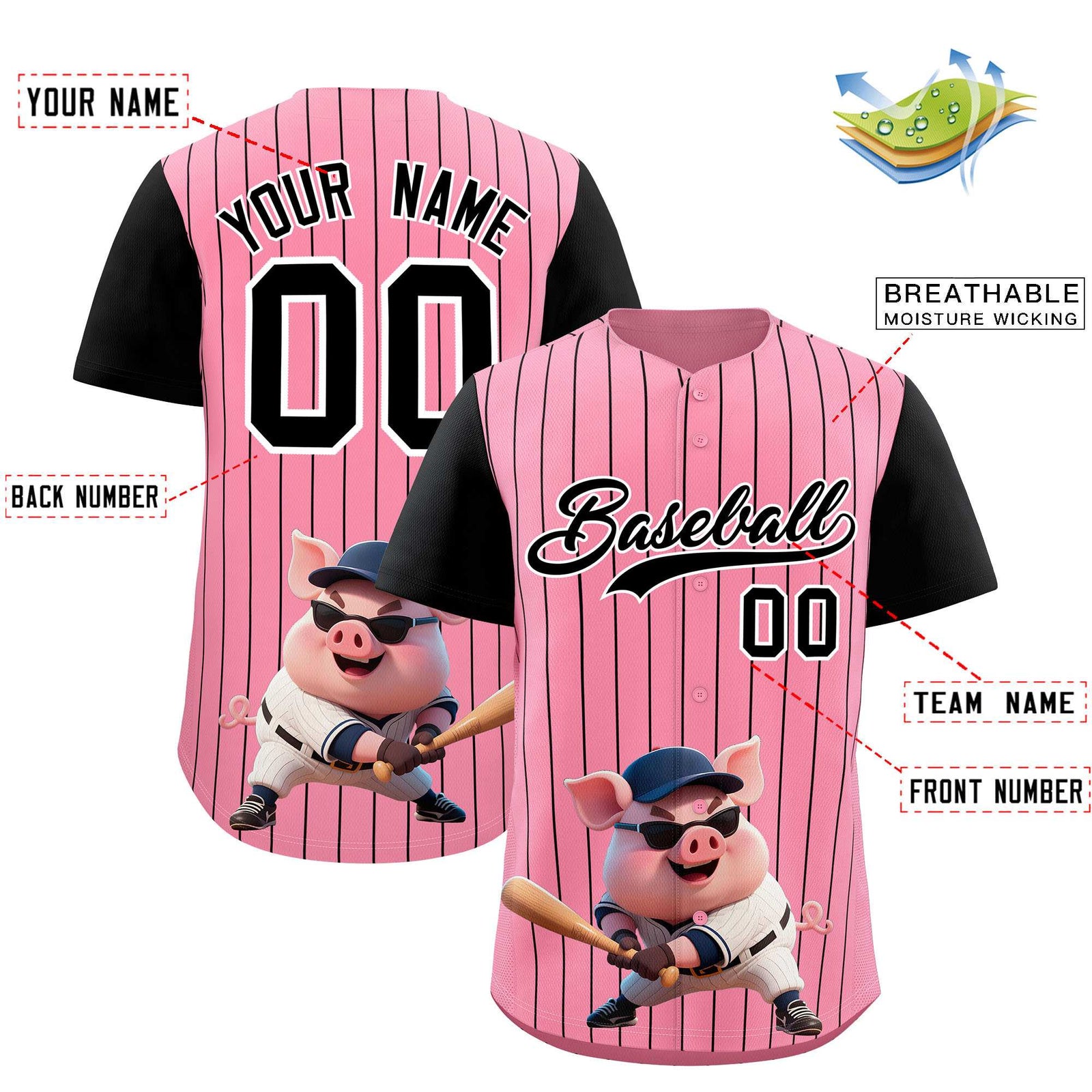 Custom Light Pink White Stripe Animals Graffiti Pattern Raglan Sleeves Authentic Baseball Jersey